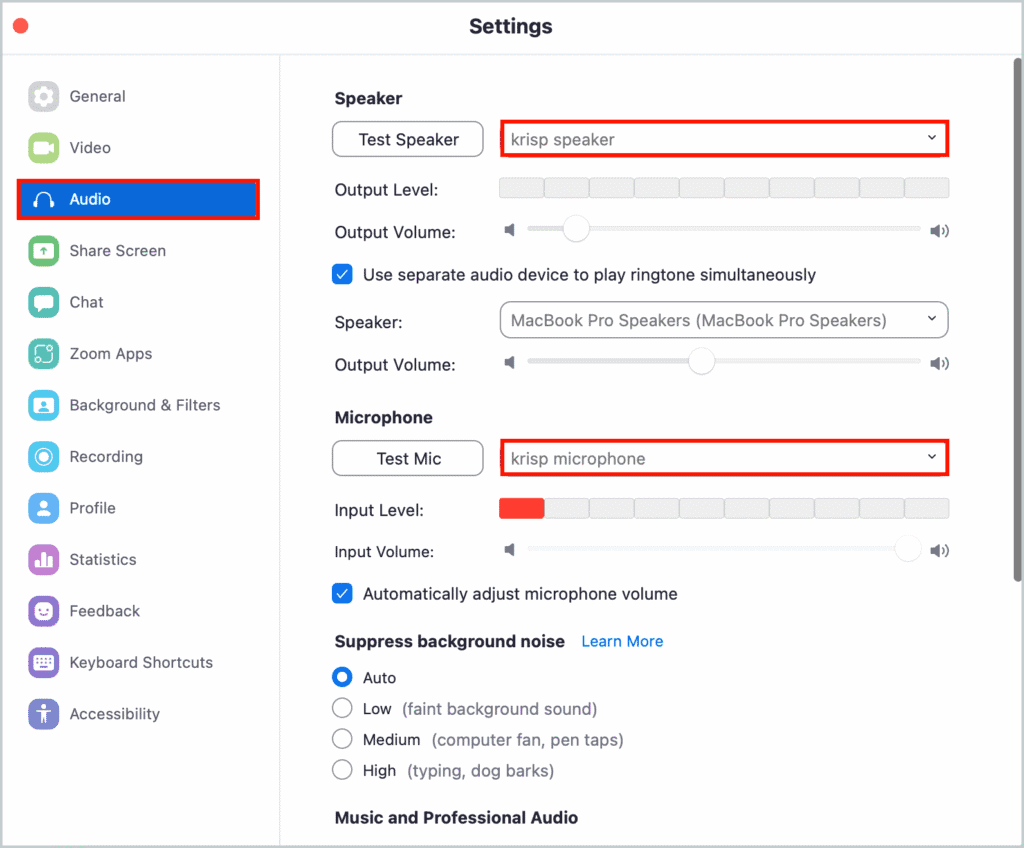 Krisp integration settings 