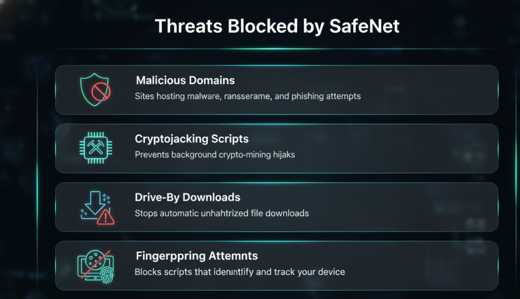  Infographic showing types of threats blocked by SafeNet]