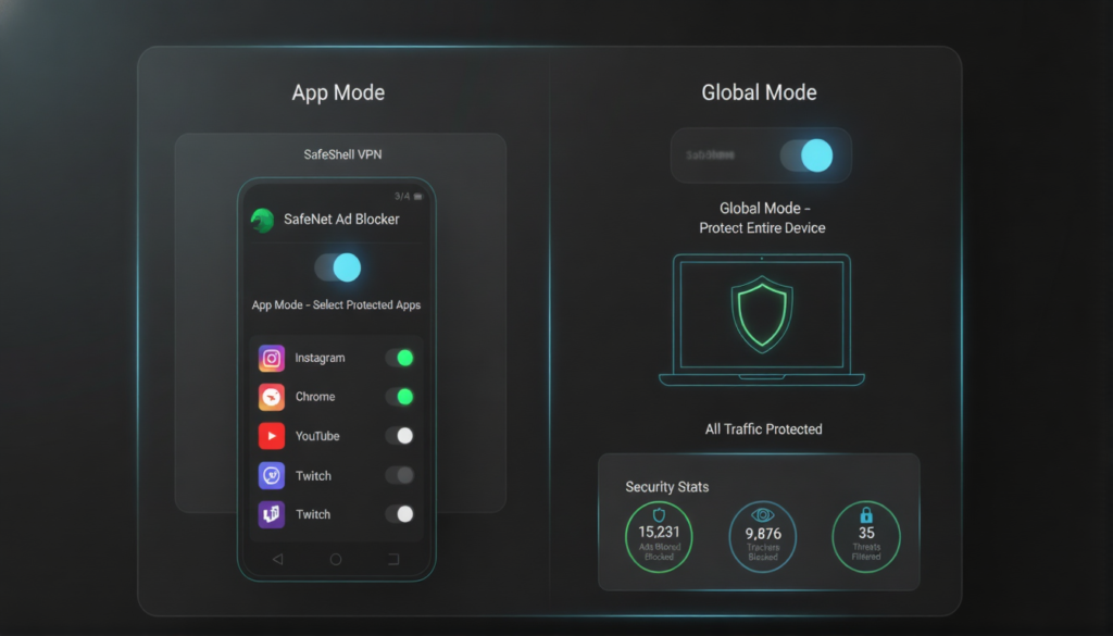 SafeShell VPN comparison of App Mode vs Global Mode interface