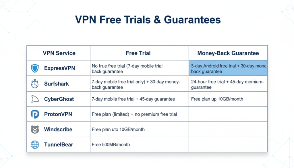 comparison table of VPN trials and guarantees here