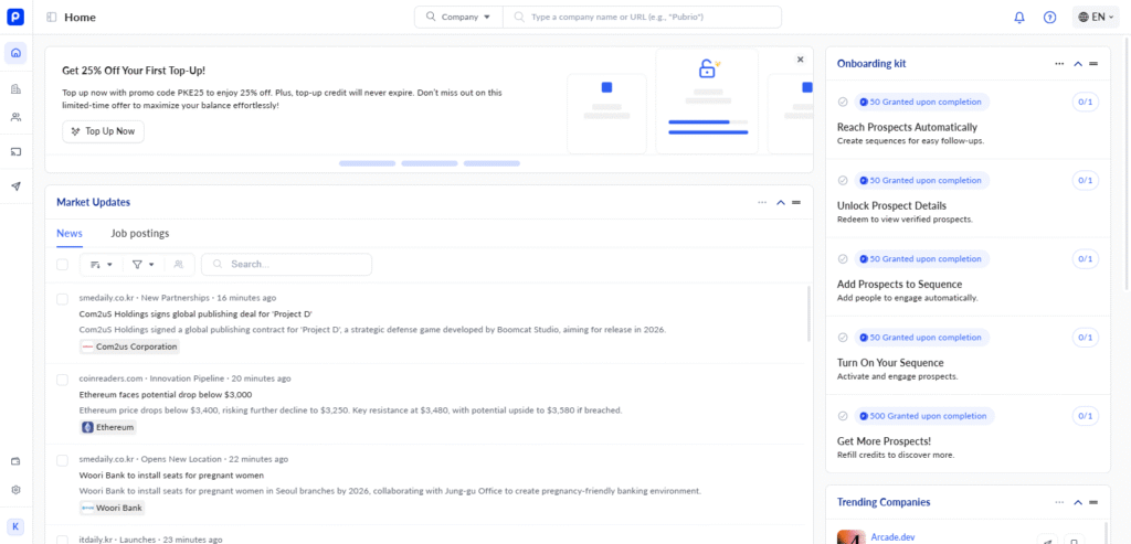 Dashboard showing Pubrio's interface 
